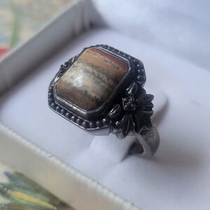 Earthtone Caymanite Semi-Precious Banded Stone Ring Sterling Silver 8.5
